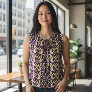 Tory Burch Short Sleeve Silk Purple Yellow and Black Blouse featuring Tie Front 